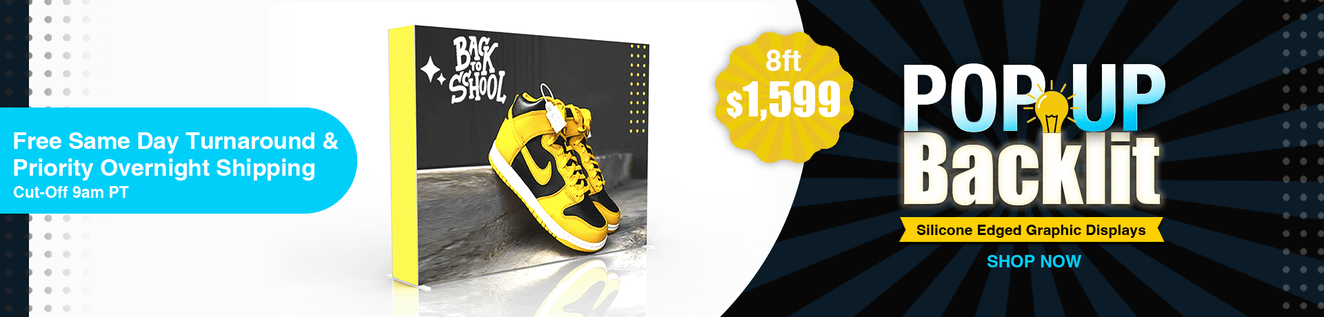 backlit pop up display free over night shipping