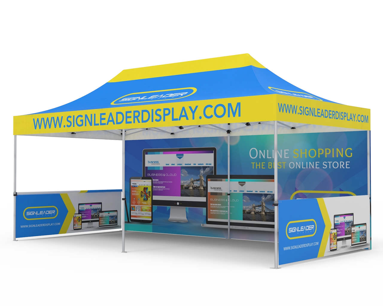 Custom 10x20 Pop Up Canopy Tent with Single-Sided Full Backwall & 2 x Double-Sided Half Sidewalls