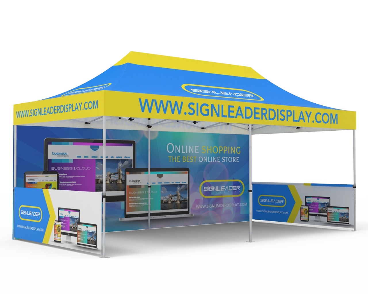 Custom 10x20 Pop Up Canopy Tent with Single-Sided Full Backwall & 2 x Double-Sided Half Sidewalls