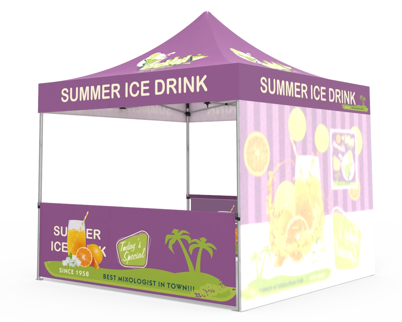 Custom Pop Up Canopy Tent 10x10 with Single-Sided Full Backwall & 2 x Double-Sided Half Sidewalls