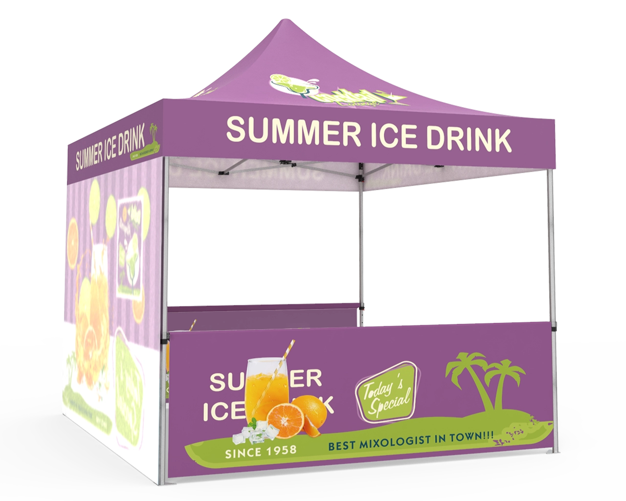 Custom Pop Up Canopy Tent 10x10 with Single-Sided Full Backwall & 2 x Double-Sided Half Sidewalls