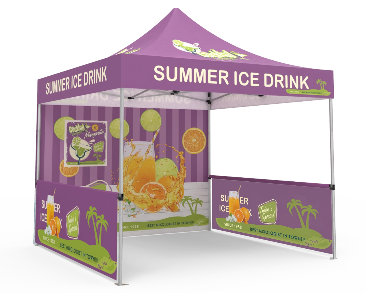 Custom Pop Up Canopy Tent 10x10 with Single-Sided Full Backwall & 2 x Double-Sided Half Sidewalls