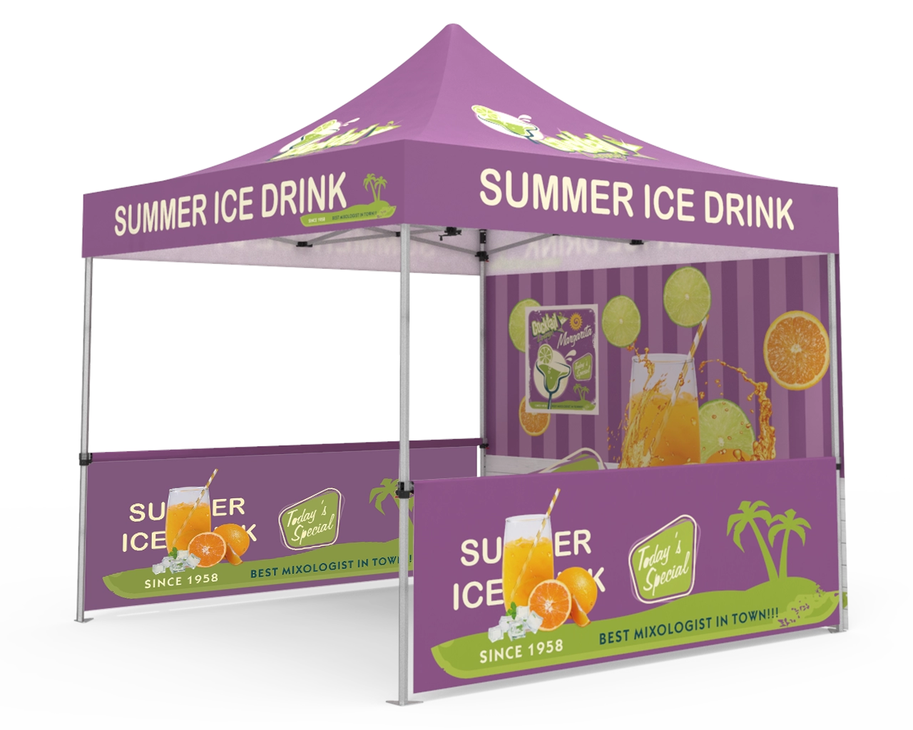 Custom Pop Up Canopy Tent 10x10 with Single-Sided Full Backwall & 2 x Double-Sided Half Sidewalls