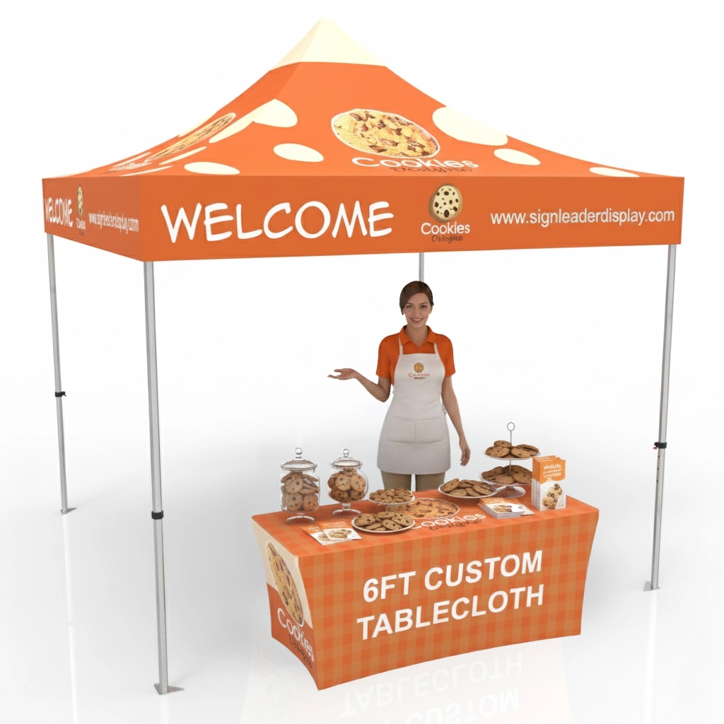 10x10 Pop Up Canopy Tent with Custom Table Cover for Events